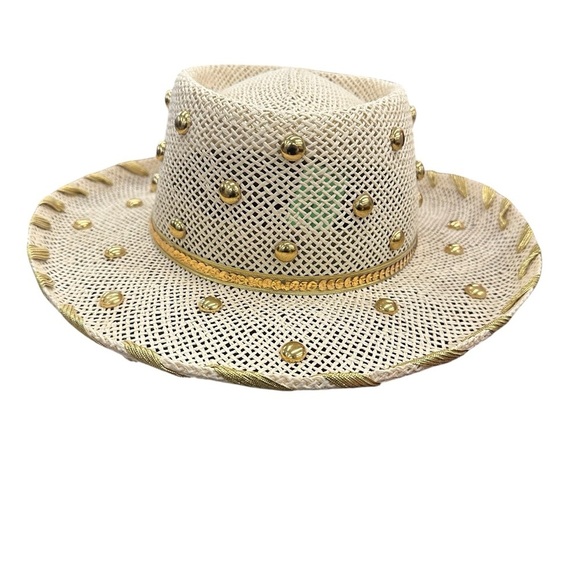 Cream Wide-Brimmed Hat with Gold Studs - Picture 1 of 11
